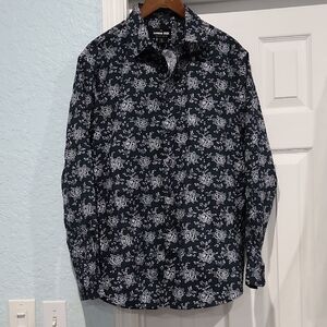 NWT Express Navy Blue and White Floral Slim Fit L/S Cotton Stretch Shirt Sz: L